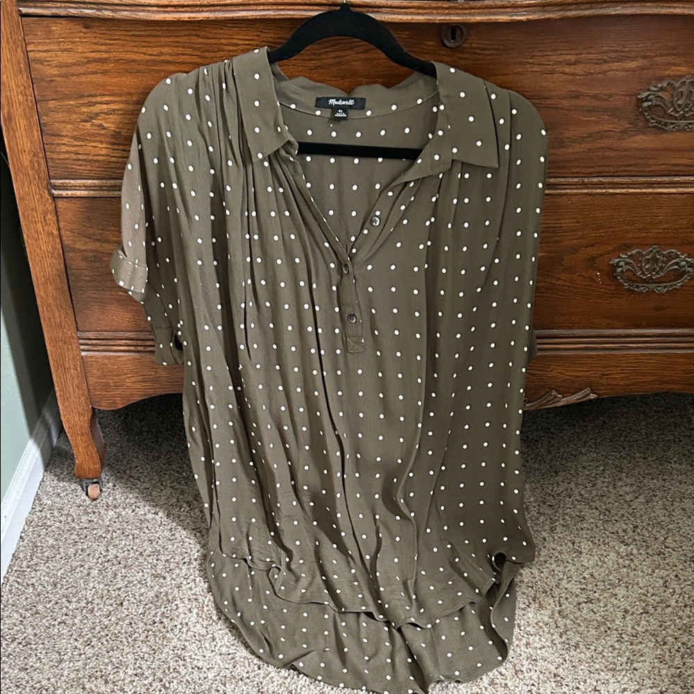 Madewell Olive Blouse with White Polka Dots